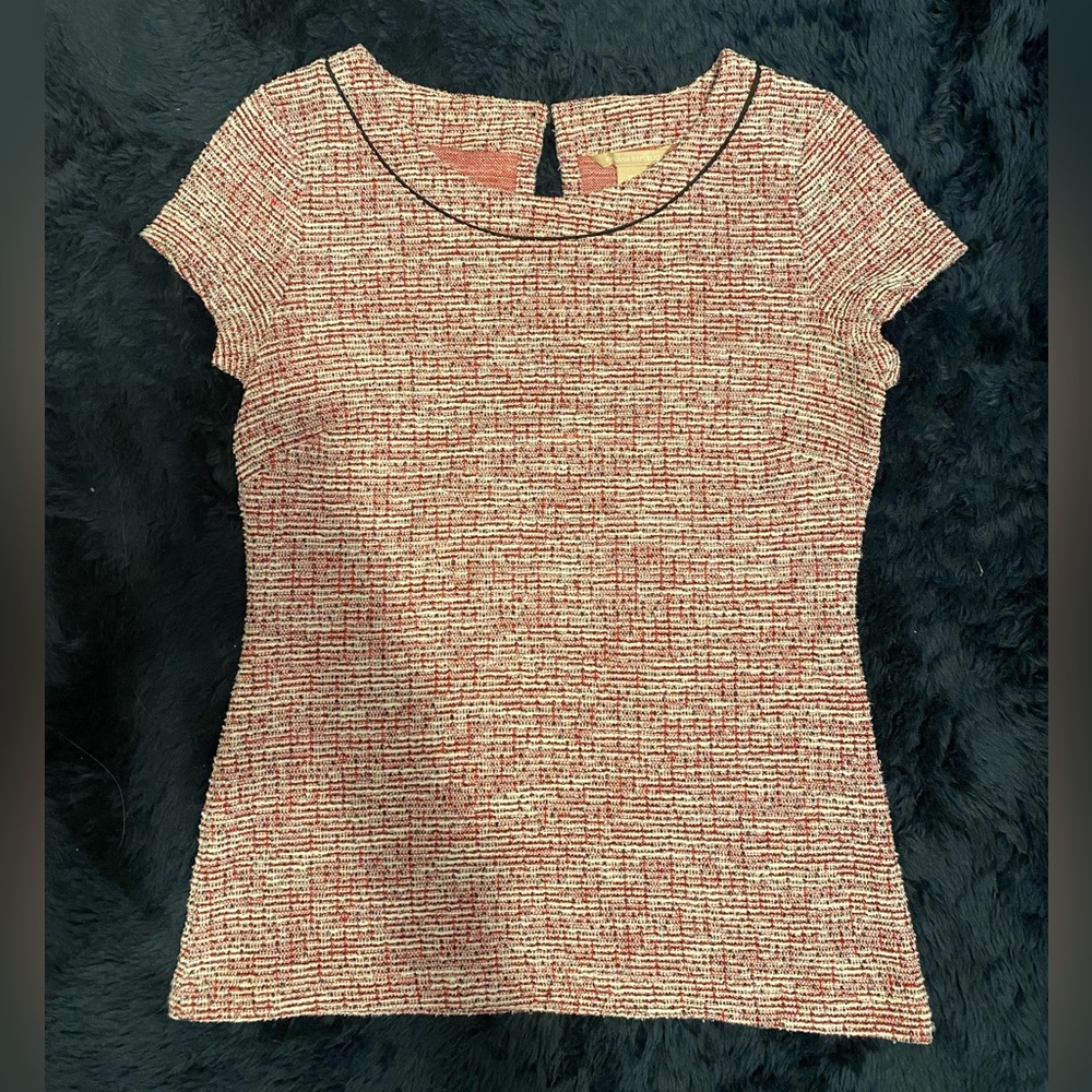 Banana Republic red white ivory black silver tweed short sleeve top blouse XS